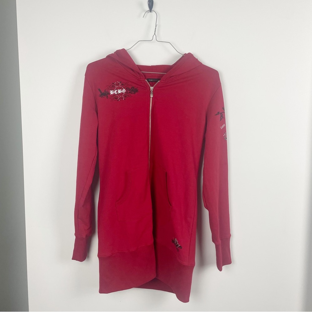 BCBG Max Azria Y2K Rose Grunge Zip Up Long Hoodie/Dress Sequin Bling